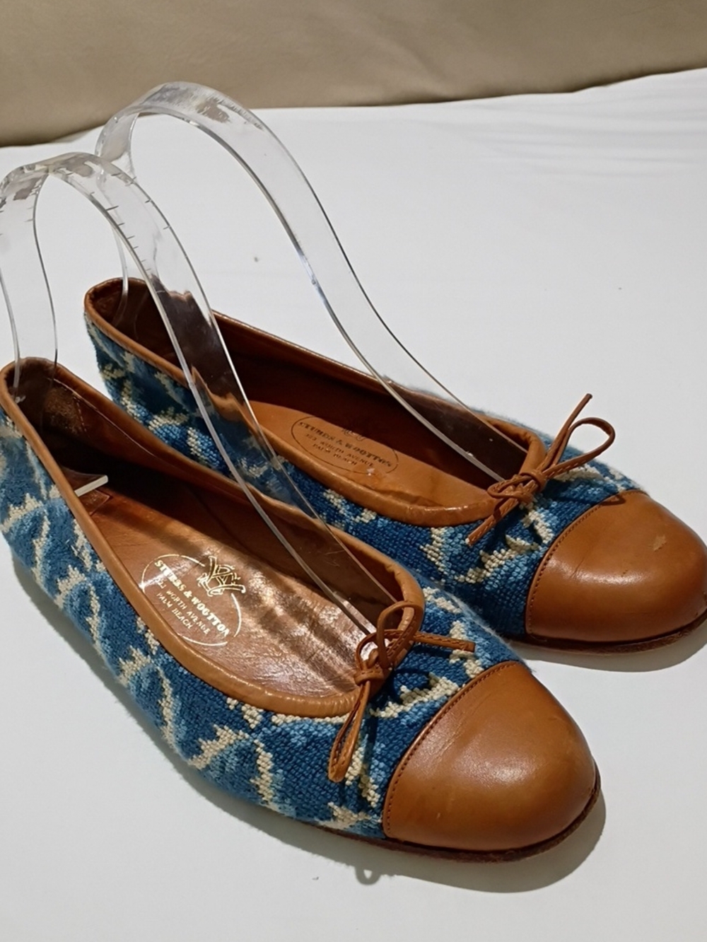Blue Patterned Flats with Tan Leather Cap Toe